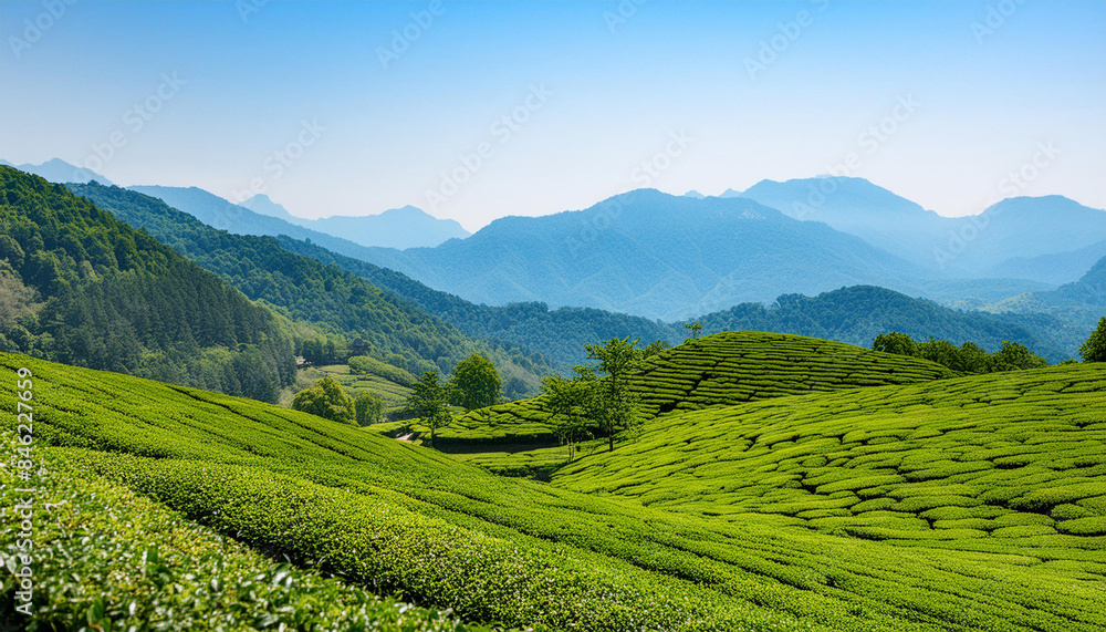 Green tea plantation at sunrise time, nature background. tea plantations landscape in Rize province. tea plantation in early morning, green lines of the tea farm in the morning. Generative Ai Green tea plantation at sunrise time, nature background. tea plantations landscape in Rize province. tea plantation in early morning, green lines of the tea farm in the morning. Generative Ai