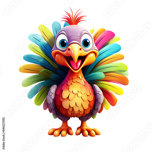 A cheerful cartoon turkey with a colorful, rainbow-hued plumage.