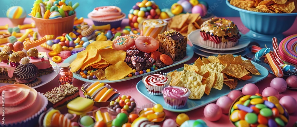Create a photorealistic long shot image of a vibrant junk food spread on a table, featuring colorful candy, crispy chips, and decadent desserts, Create a photorealistic long shot image of a vibrant junk food spread on a table, featuring colorful candy, crispy chips, and decadent desserts,