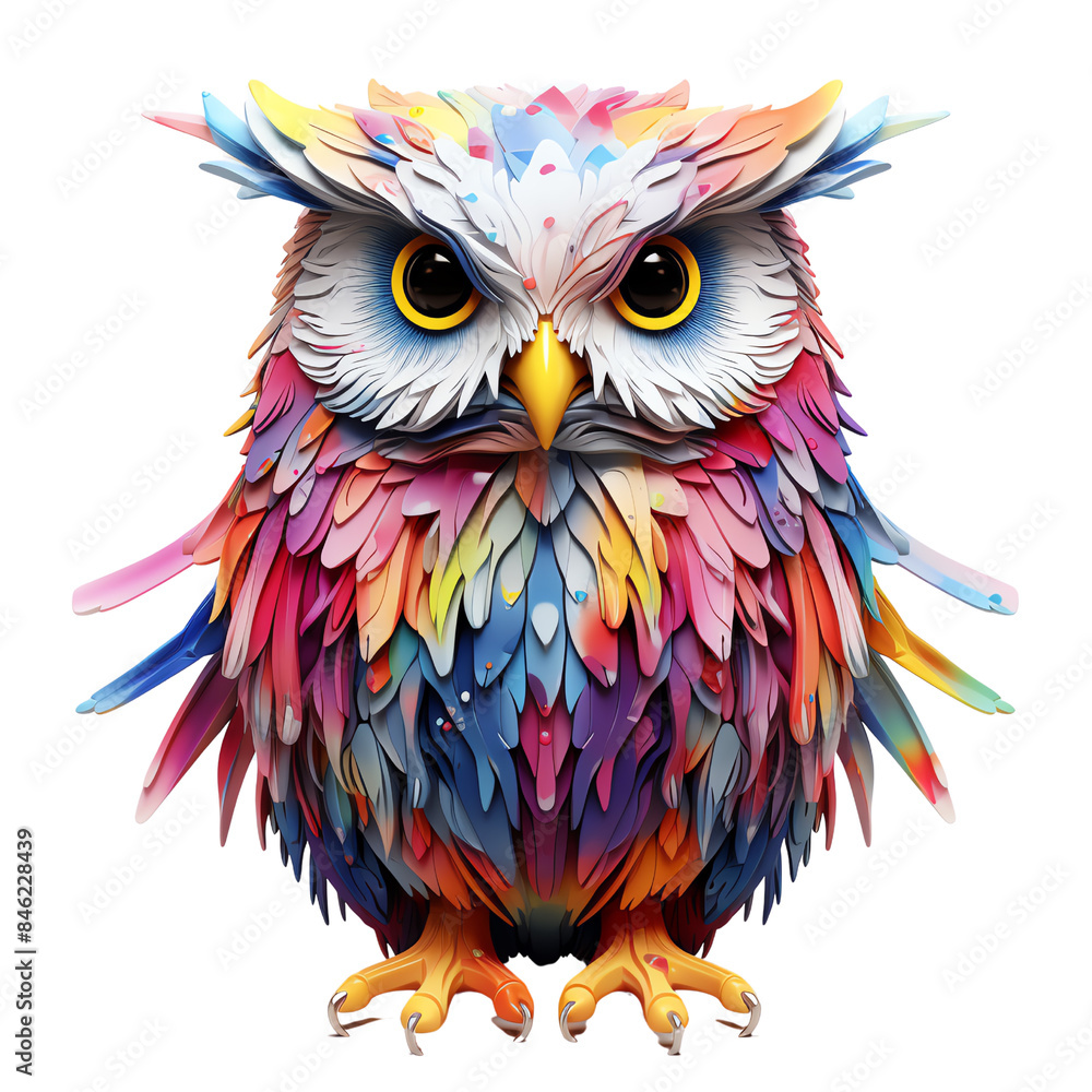 A colorful, whimsical owl with bright feathers and a playful, cartoonish expression. A colorful, whimsical owl with bright feathers and a playful, cartoonish expression.