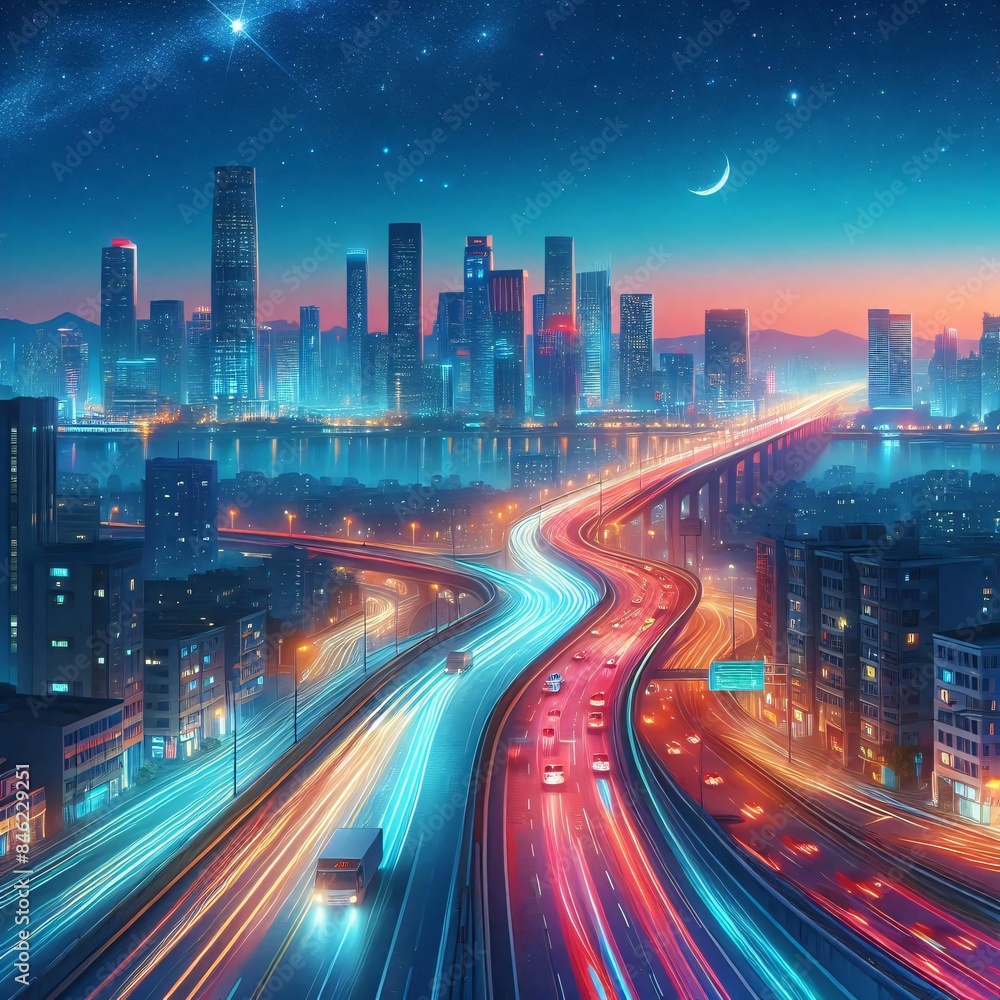 Fototapeta premium Modern city at night with amazing light