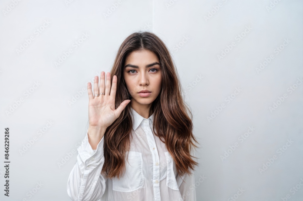 Serious woman raising hand in a stop gesture Serious woman raising hand in a stop gesture