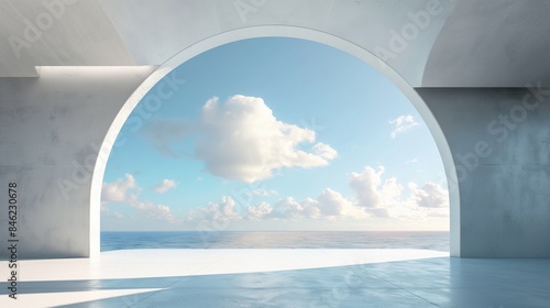 Surrealistic Interior Space with White Cloud Architecture and Circular windows overlooking Sea and Sky. Symmetrical Design, High Contrast Lighting, Ultra-Realistic C4D Rendering