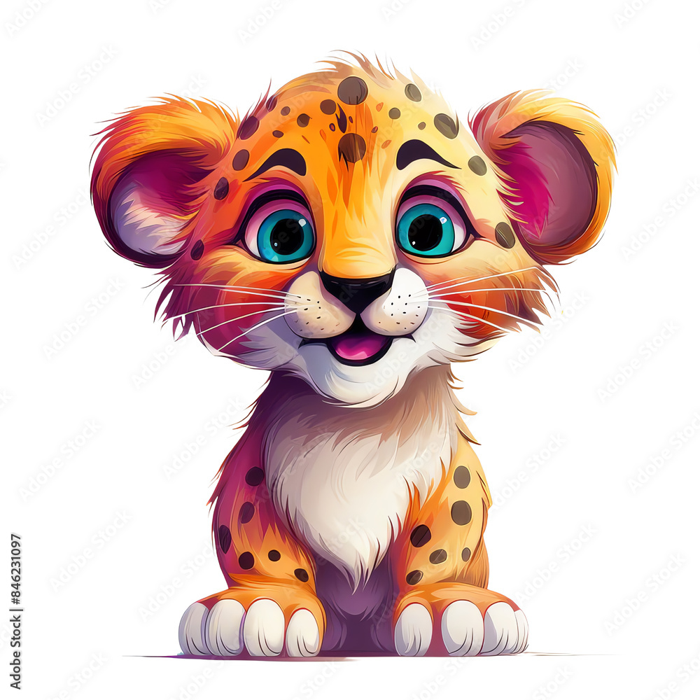 A cute cartoon cheetah cub with big blue eyes, sitting and smiling. Perfect for children's books, greeting cards, and more. A cute cartoon cheetah cub with big blue eyes, sitting and smiling. Perfect for children's books, greeting cards, and more.