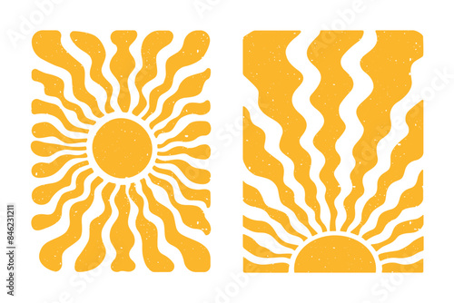 Sun groovy vertical design elements set. Various yellow floral hippie poster templates, hand drawn abstract wavy patterns. Vector illustration on transparent background.