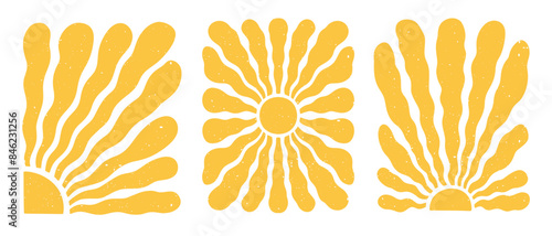 Sun groovy vertical design elements set. Various yellow floral hippie poster templates, hand drawn abstract wavy patterns. Vector illustration on transparent background.
