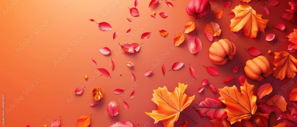 3D autumn elements on matte background, orange and red hues, copy space, 3D autumn elements on matte background, orange and red hues, copy space,