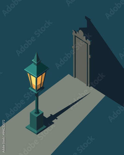 The small gaslight in the corner seemed insignificant but its shadow loomed large suffocating the truth and distorting reality.. Vector illustration
