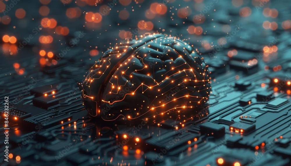 Digital brain with glowing circuits, Digital brain with glowing circuits,