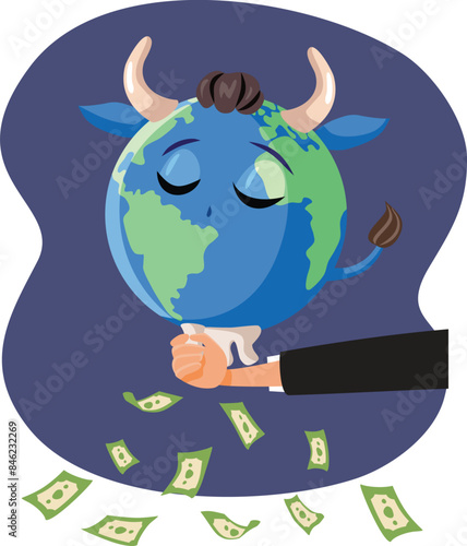 Billionaire Milking Earth of Resources Vector Cartoon. Rich capitalist person obsessed with profit over environmental issue 
