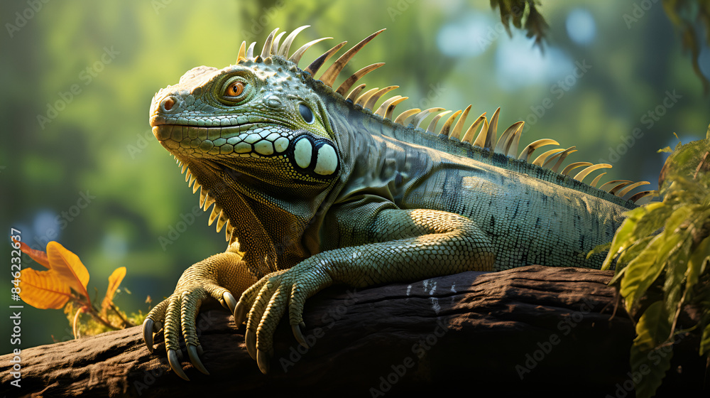 Iguana Perched on a Forest Branch, Blending into Nature Iguana Perched on a Forest Branch, Blending into Nature
