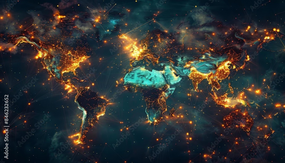 Digital map of the world with glowing lines, Digital map of the world with glowing lines,
