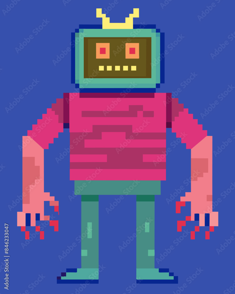The once flat pixels on the screen now form the bulging body and twisted limbs of the monstrous being.. Vector illustration The once flat pixels on the screen now form the bulging body and twisted limbs of the monstrous being.. Vector illustration