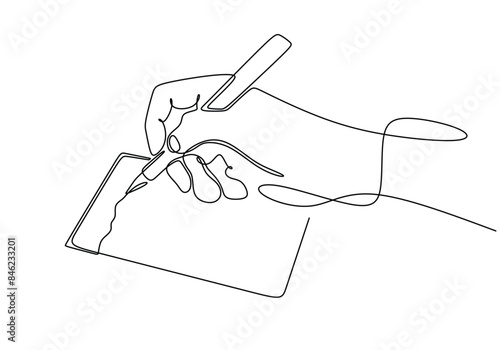 Hand writing with pen on paper continuous line drawing education and literature concept illustration