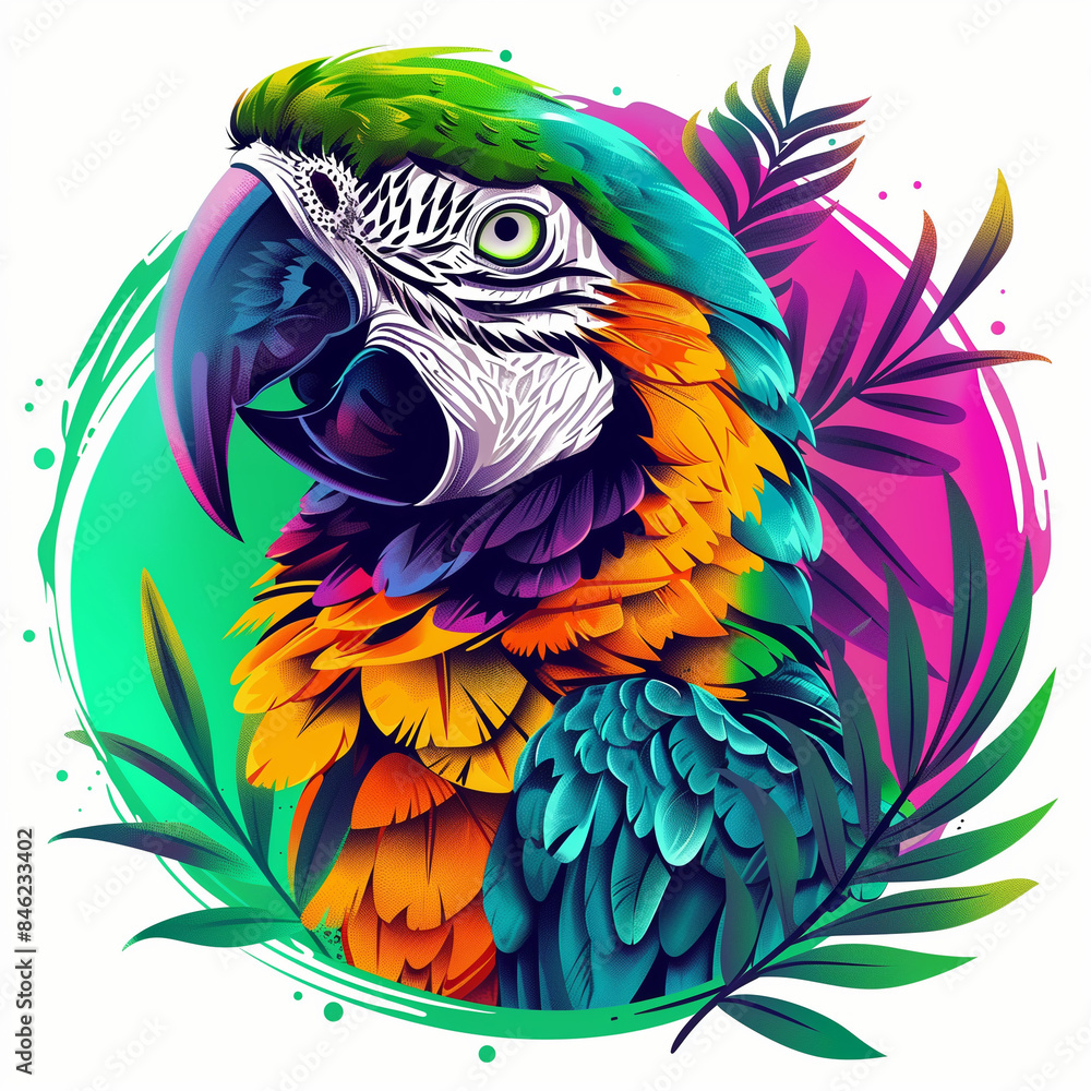 Obraz premium Rainforest Echoes: Parrot Head with Lush Foliage and Perch