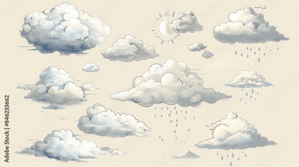 Fototapeta premium Sun, moon and clouds with rain icons, weather forecast concept