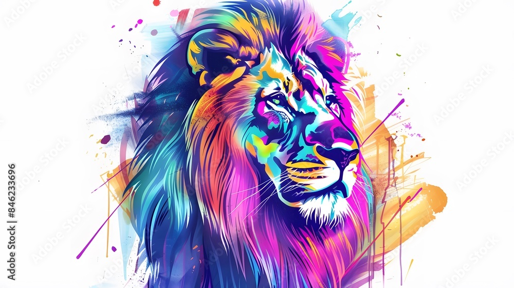 creative colorful lion king head on pop art style with soft mane and color background creative colorful lion king head on pop art style with soft mane and color background