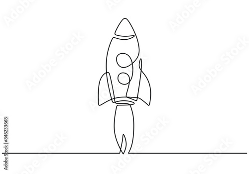 Spacecraft flying continuous line drawing. Rocket space ship launch into universe concept vector.