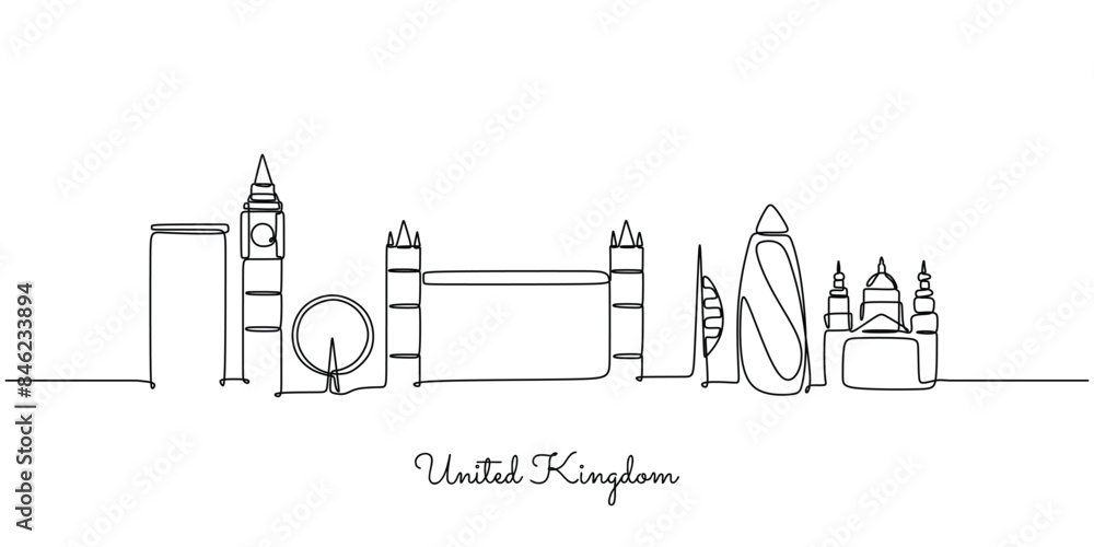 Obraz premium United Kingdom England skyline continuous line drawing building and architecture concept hand drawn.