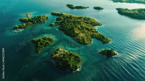 A breathtaking aerial view of a cluster of small islands surrounded by crystal clear water in the center of a serene lake, showcasing the beauty of natural landscape and marine biology AIG50 © Summit Art Creations