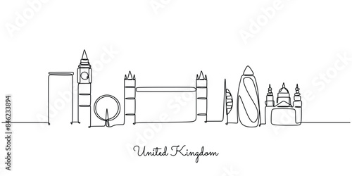 United Kingdom England skyline continuous line drawing building and architecture concept hand drawn.