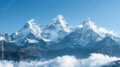 Wallpaper Mural Snow covered mountain peaks shrouded in misty clouds under a clear blue sky Torontodigital.ca