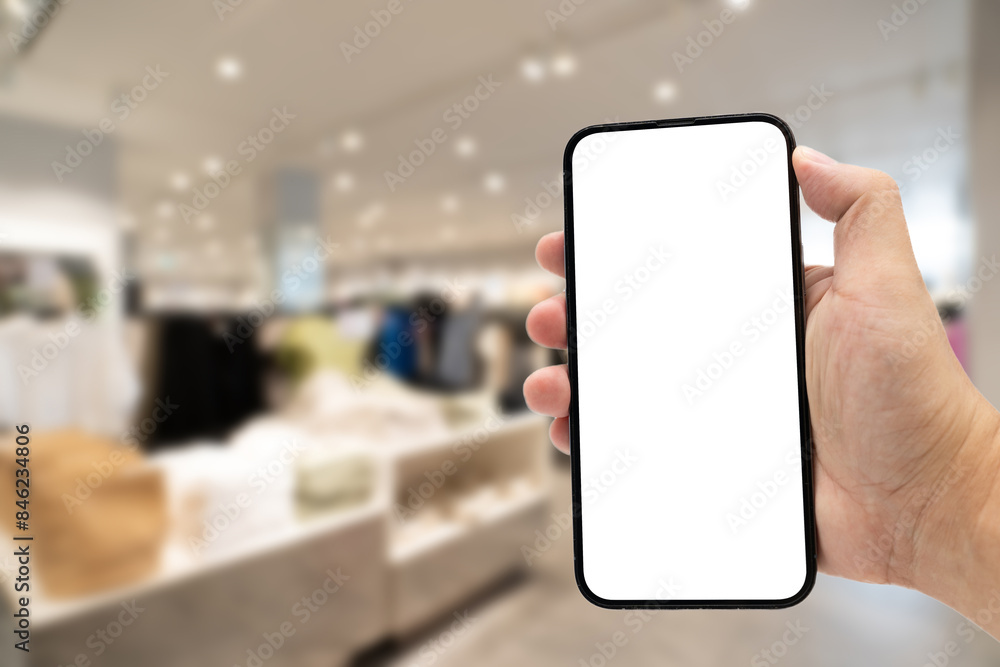 Hand holding blank screen smartphone for copy space on blurred clothing store. e-commerce app shopping mockup. social media, payment and shopping online concept. fashion and technology. Hand holding blank screen smartphone for copy space on blurred clothing store. e-commerce app shopping mockup. social media, payment and shopping online concept. fashion and technology.