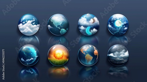 Dark background with a set of weather icons: rain, thunderstorm, wind, snow and clouds. © Igbal