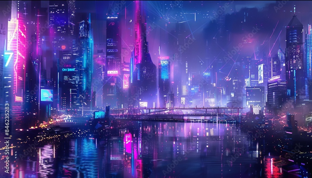 Futuristic cityscape with neon lights, Futuristic cityscape with neon lights,