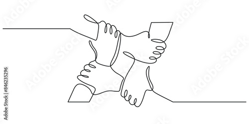 People unite their hands together continuous line drawing isolated background for Teamwork concept.