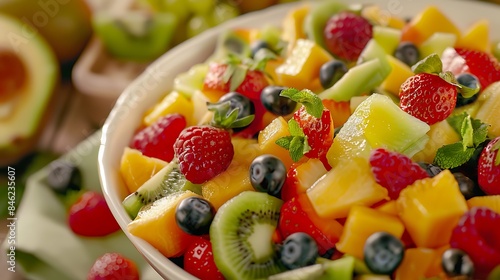 A colorful fruit salad with a variety of fresh  juicy fruits.