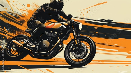 Motorcyclist racing at speed, cartoon style illustration photo