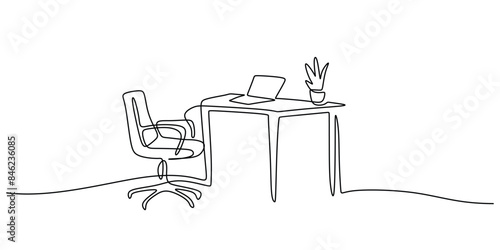 Workspace with chair, laptop, table, desk and plant continuous line drawing workspace concept design