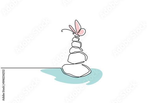 Butterfly on a pile of stones continuous line drawing. Nature wellness concept vector illustration. Zen balance meditation symbol.
