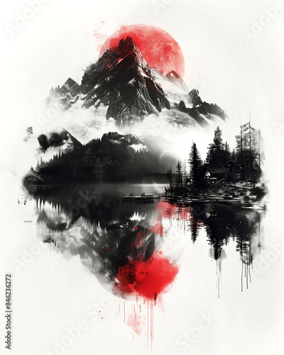 A mountain range with a red sun in the sky. The mountains are covered in trees and there is a lake in the foreground. The painting has a serene and peaceful mood, with the sun