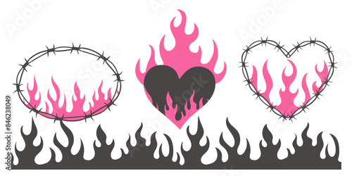 Set Wire Barb pink heart, oval frame y2k tattoo border, flame silhouette gothic spiky punk print neo tribal isolated on white background. Barbwire emo boundary heart shape.