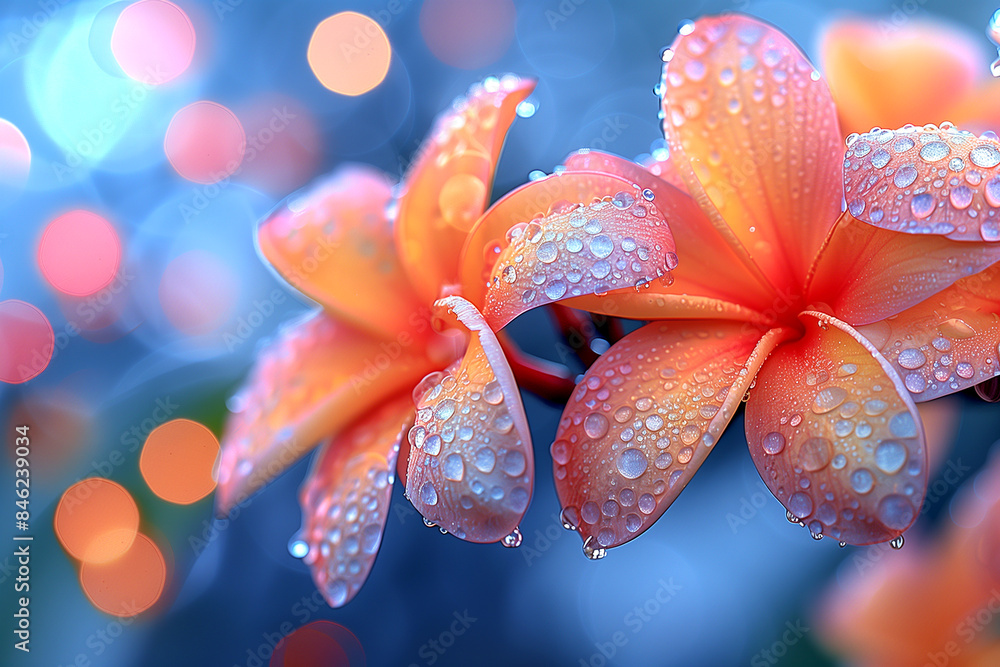 A close up of two orange flowers with droplets of water on them. The flowers are surrounded by a blue background, which creates a sense of calmness and tranquility A close up of two orange flowers with droplets of water on them. The flowers are surrounded by a blue background, which creates a sense of calmness and tranquility