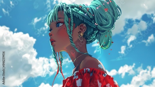 Ethereal Manga Inspired Girl Gazing at the Vibrant Skies photo
