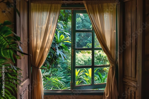 Illustrate a captivating angled shot of an open window, revealing a lush green garden outside, with curtains gently swaying in the breeze, evoking tranquility and serenity,