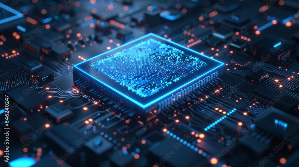Digital chip on blue technology background in lines, connected dots, and triangles Digital chip on blue technology background in lines, connected dots, and triangles