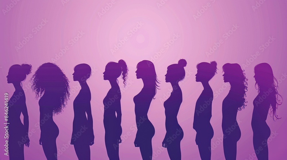 Delve into the intriguing illustration featuring diverse silhouette women on a bold purple background, characterized by simplicity and minimalism in composition Delve into the intriguing illustration featuring diverse silhouette women on a bold purple background, characterized by simplicity and minimalism in composition