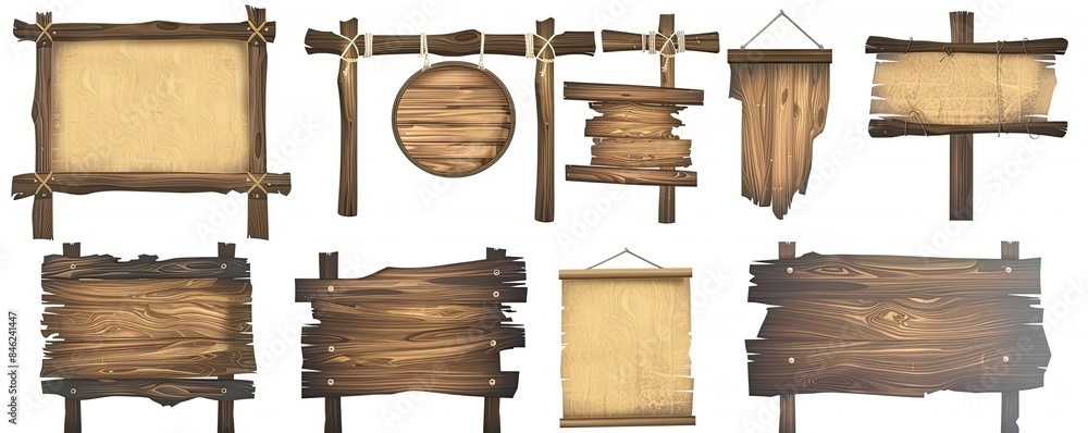 Naklejka premium Realistic of different set bamboo wood and paper signboards isolated on white background