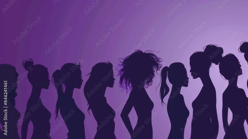 Witness the evocative illustration capturing diverse silhouette women against a mesmerizing purple background, with an emphasis on simplicity and minimalism Witness the evocative illustration capturing diverse silhouette women against a mesmerizing purple background, with an emphasis on simplicity and minimalism