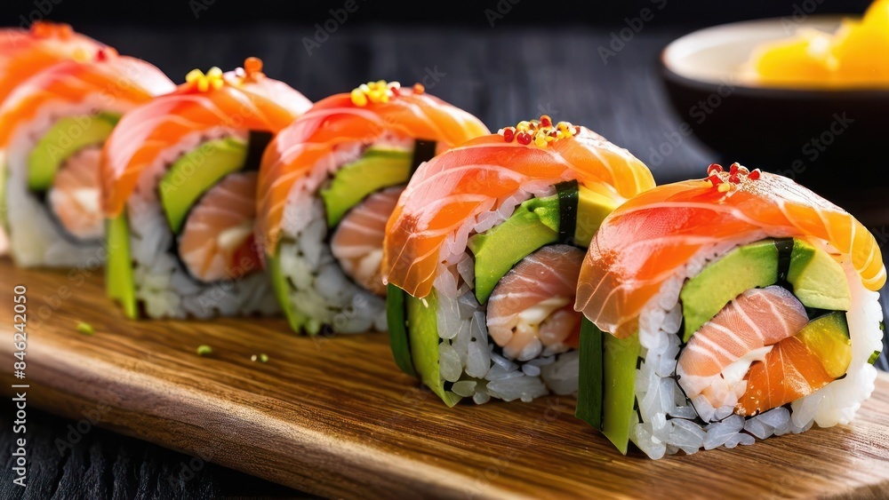 A Palette of Sushi Delights, An Artistic Selection of Freshly Prepared Sushi Rolls A Palette of Sushi Delights, An Artistic Selection of Freshly Prepared Sushi Rolls