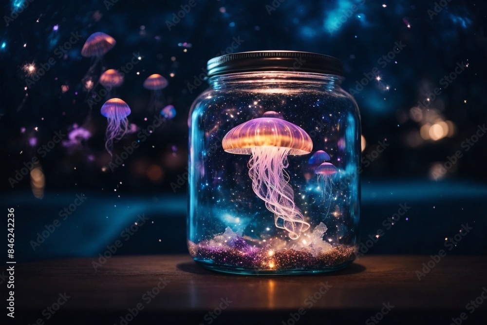 Glowing jellyfish in an aquarium Glowing jellyfish in an aquarium