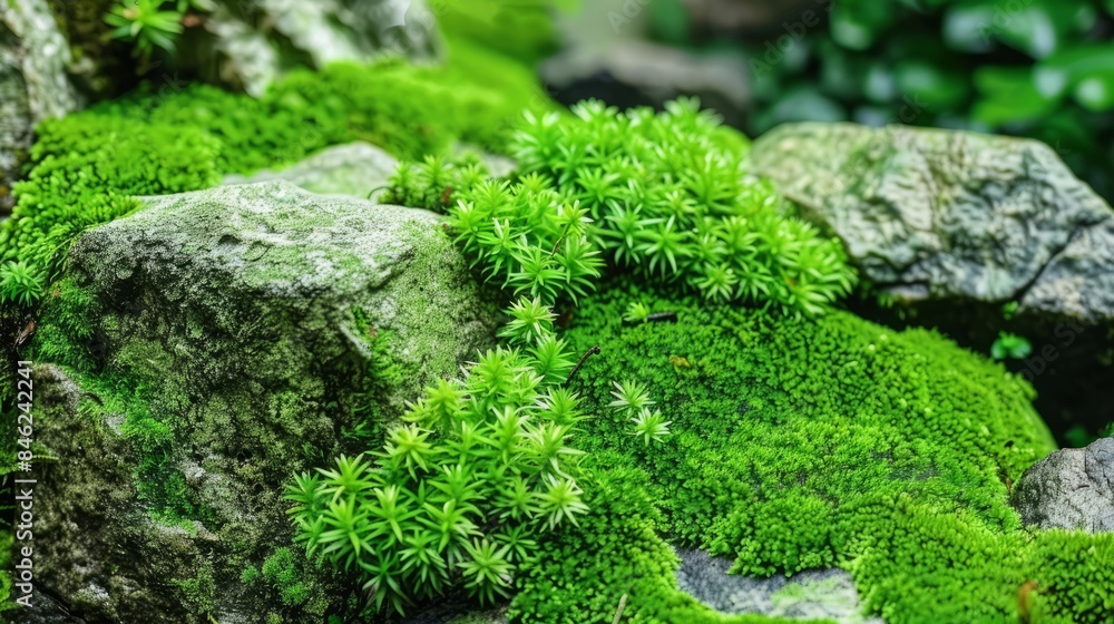 Fototapeta premium Macro view of lush green moss blanketing forest stones, natural texture for wallpaper