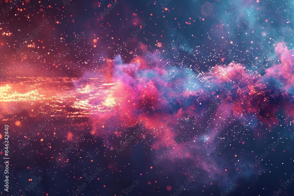 Illustrate a side view of a digital explosion with a galaxy theme, featuring cosmic colors and shimmering particles, Illustrate a side view of a digital explosion with a galaxy theme, featuring cosmic colors and shimmering particles,