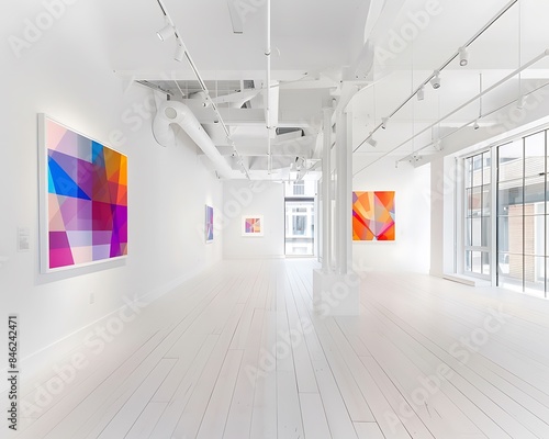 A bright and open art gallery with minimalist white walls  showcasing a collection of geometric abstract paintings that add a dynamic visual element to the space.