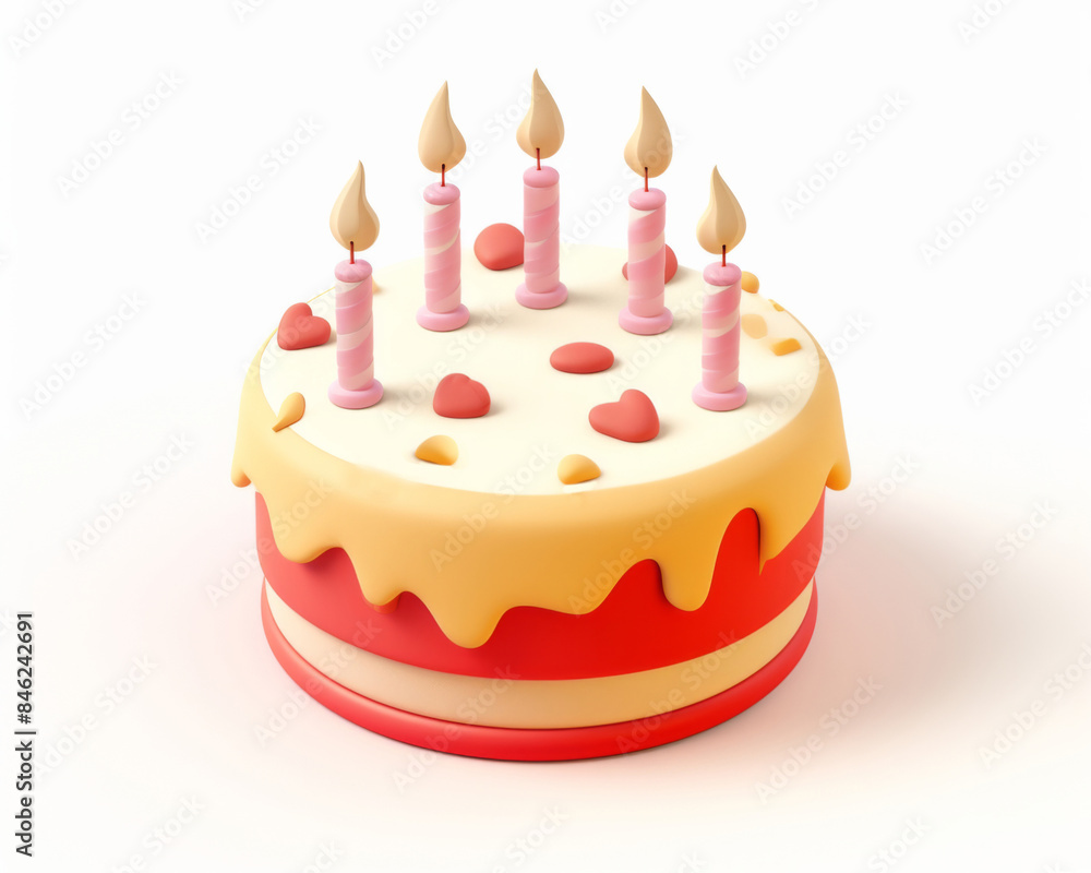 Festive tiered cake with candles. Birthday. Isolated cartoon 3d illustration on white background. Festive tiered cake with candles. Birthday. Isolated cartoon 3d illustration on white background.