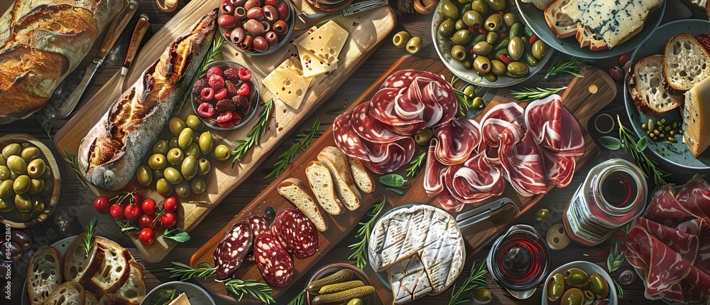 Illustrate a top-down perspective of a mouthwatering charcuterie board Illustrate a top-down perspective of a mouthwatering charcuterie board
